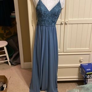 Slate blue bridesmaid dress.